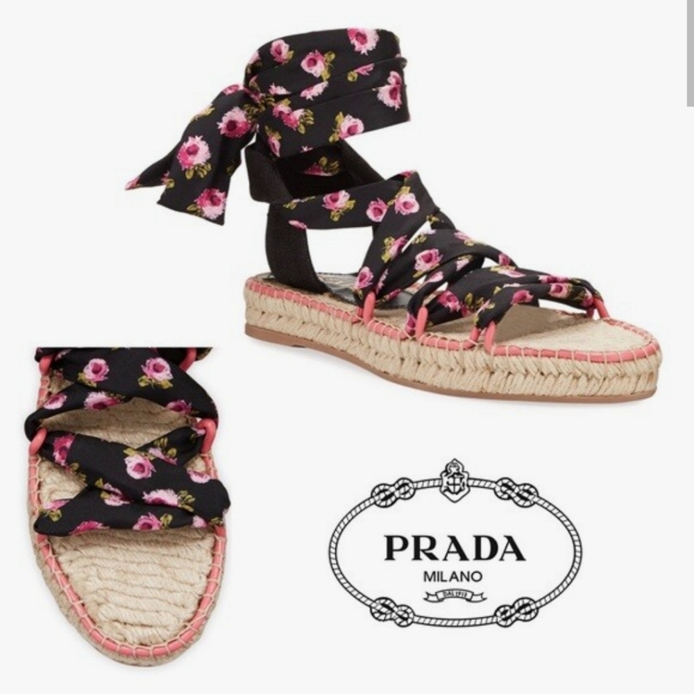 Prada Black Floral Wrap Espadrille Sandals with Pink Accents